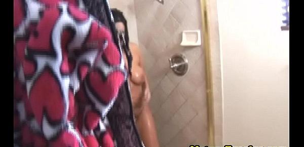  Showering stepmom wanking cock in pov